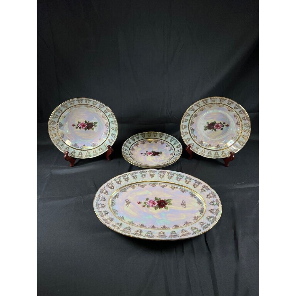 4X Fine China/Bohemian Porcelain Formalities Roses Plate Set Iridescent vintage